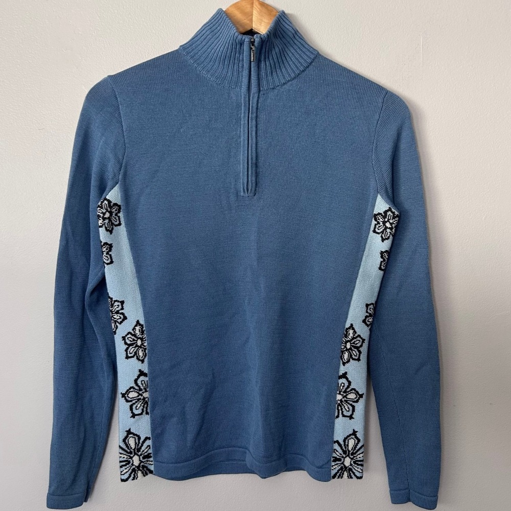 Smartwool Merino Wool Sweater Womens Medium Blue Floral 1/4 Zip Mock Neck Nordic